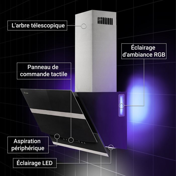 KKT KOLBE | 80 cm afzuigkap | Schuine wandmontage | Roestvrij staal & zwart glas | WiFi | RGB LED | Touchbediening | HERMES8005SM