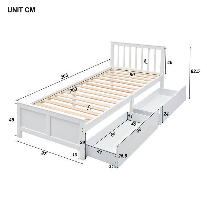 Placa espessa. Estrutura de cama de madeira de segunda geração, disponível em modelos para solteiro, jovens e adultos.