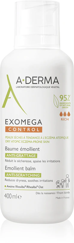 Bálsamo emoliente A-Derma Exomega Control para pele sensível e seca.