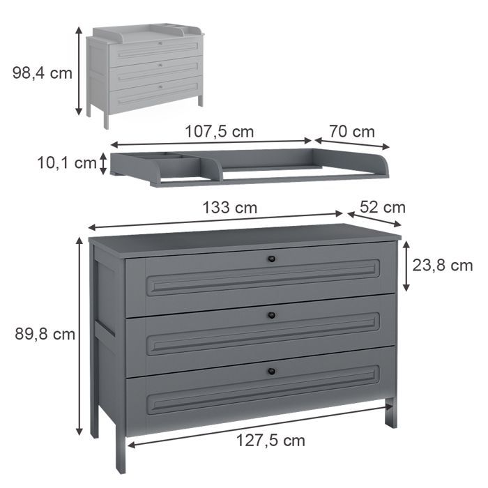 Fasciatoio Ajaton 133x98,4 cm con 3 cassetti, grigio, Vitalispa 50169