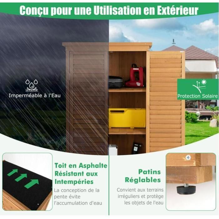 Armoire de Jardin Bois - RELAX4LIFE - 87X47X160CM - 3 Étagères Amovibles - Toit en Asphalte à 2 Pentes - Résistant aux Intempéries