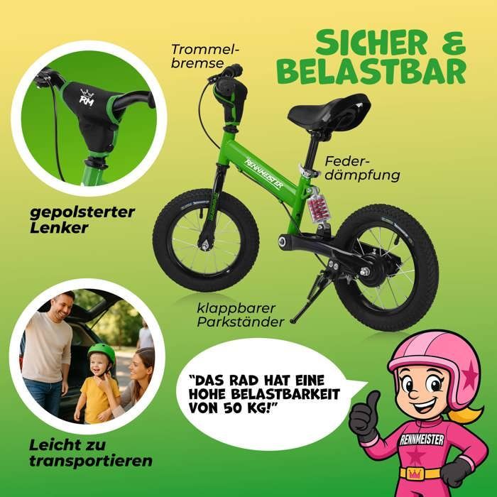 Donkergroene Rennmeister loopfiets voor kinderen, zonder pedalen, met vering, maximaal 50 kg, trommelremmen, schokabsorberende bekleding, zadel.