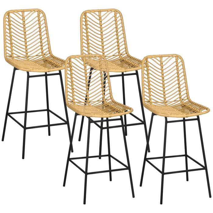 Juego de 4 taburetes de bar - HOMCOM - respaldo y reposapiés de mimbre - estructura de acero - 42,5 x 52 x 102 cm - amarillo