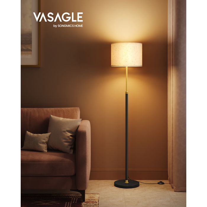 Lámpara de pie, altura regulable de 140 a 170 cm, estilo moderno, interruptor de pie, pantalla de tela, casquillo E27, color dorado y negro.