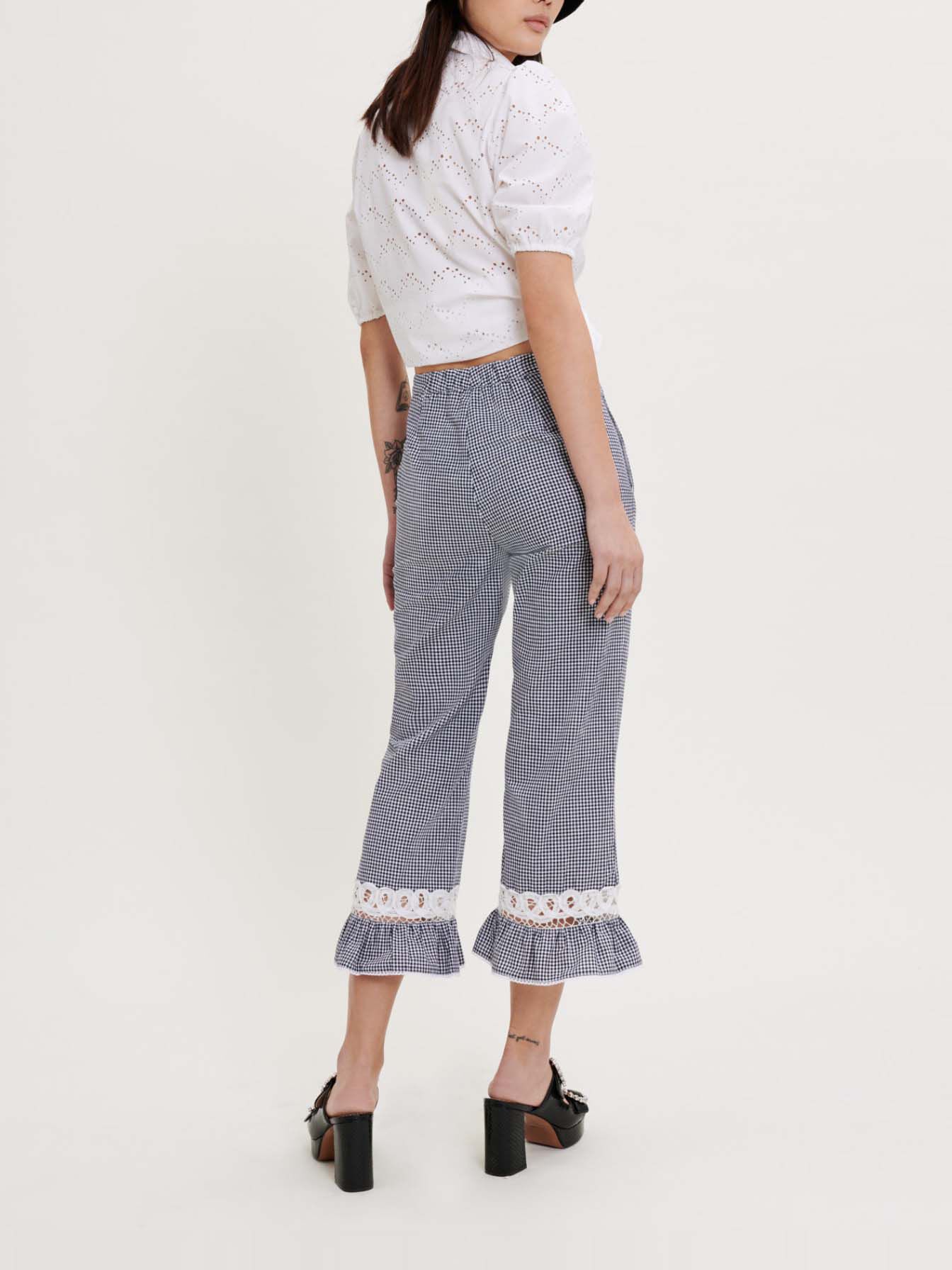 Pantaloni în carouri Vichy și dantelă - Bleumarin / Ecru