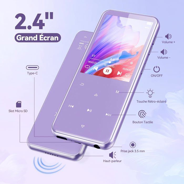 Lecteur MP3 - AGPTEK - 64Go - Bluetooth 5.3 - Écran 2.4'' - Haut-parleur HiFi