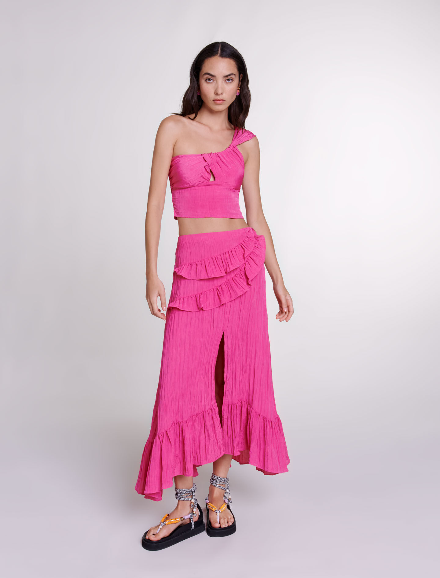 Fustă lungă din satin creț - Roz fucsia