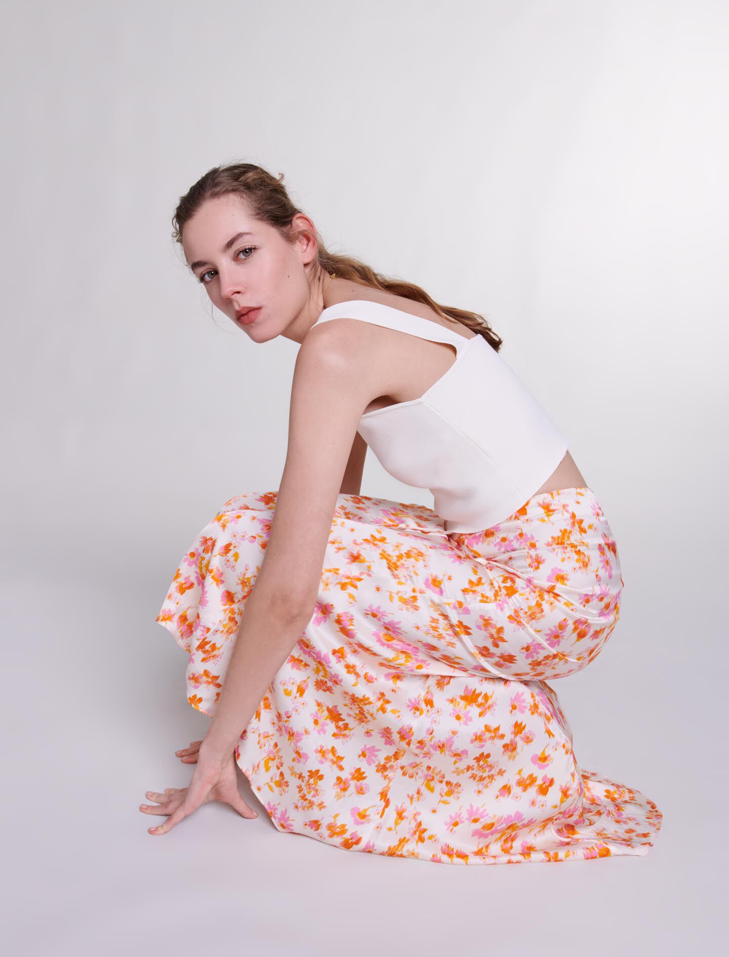 Fusta din satin cu imprimeu floral-imprimé printemps fleur orange