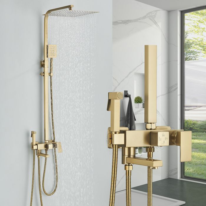 Columna de ducha de oro cepillado, conjunto de ducha de acero inoxidable con cabezal de ducha de 30 x 30 cm.
