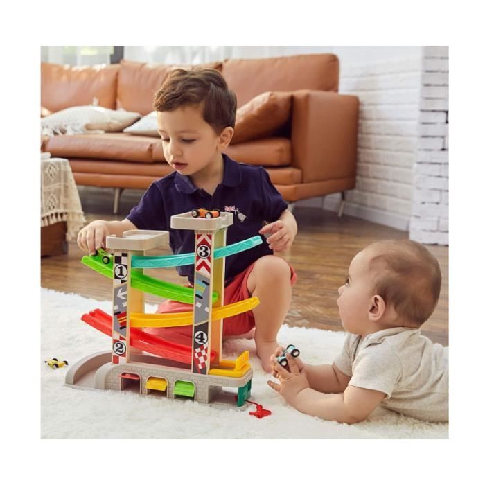 Jouet Garage Voiture - Rampe de Course en Bois - 4 Voitures - Cadeau Educatif - Pour Enfant 1-2 Ans