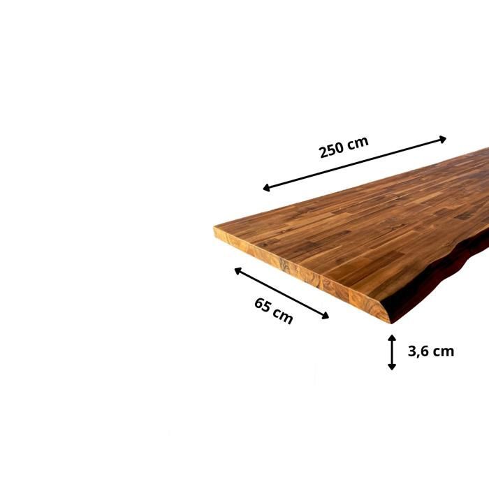 Plan de travail Acacia massif bord naturel huilé L.250 X P.65 cm, Ep.36 mm