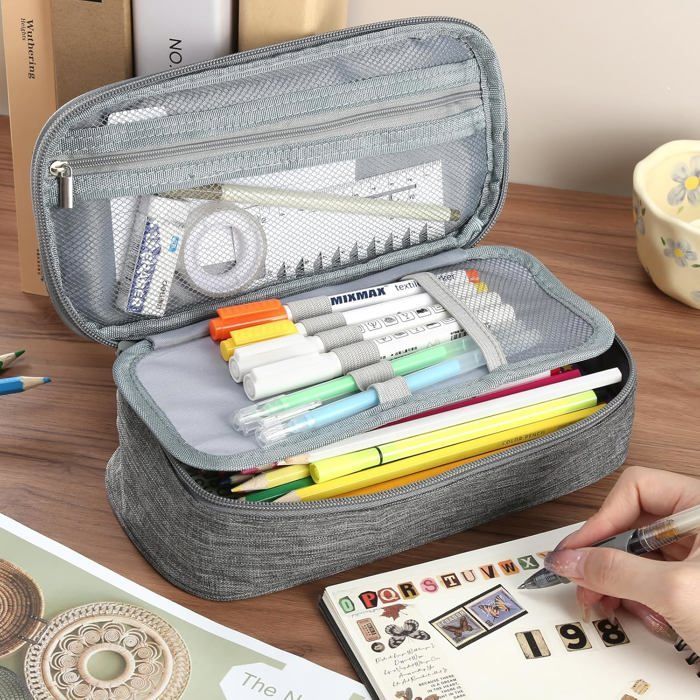 Pencil case, 5 compartments, large capacity, durable, for teens, adults, school, grey
