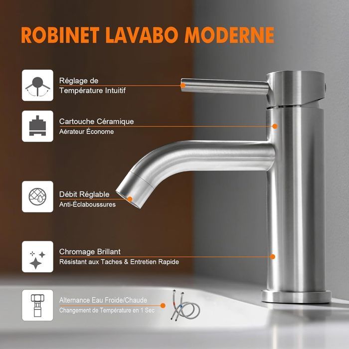 Grifo moderno para lavabo de baño, monomando con cartucho cerámico silencioso, agua fría y caliente.