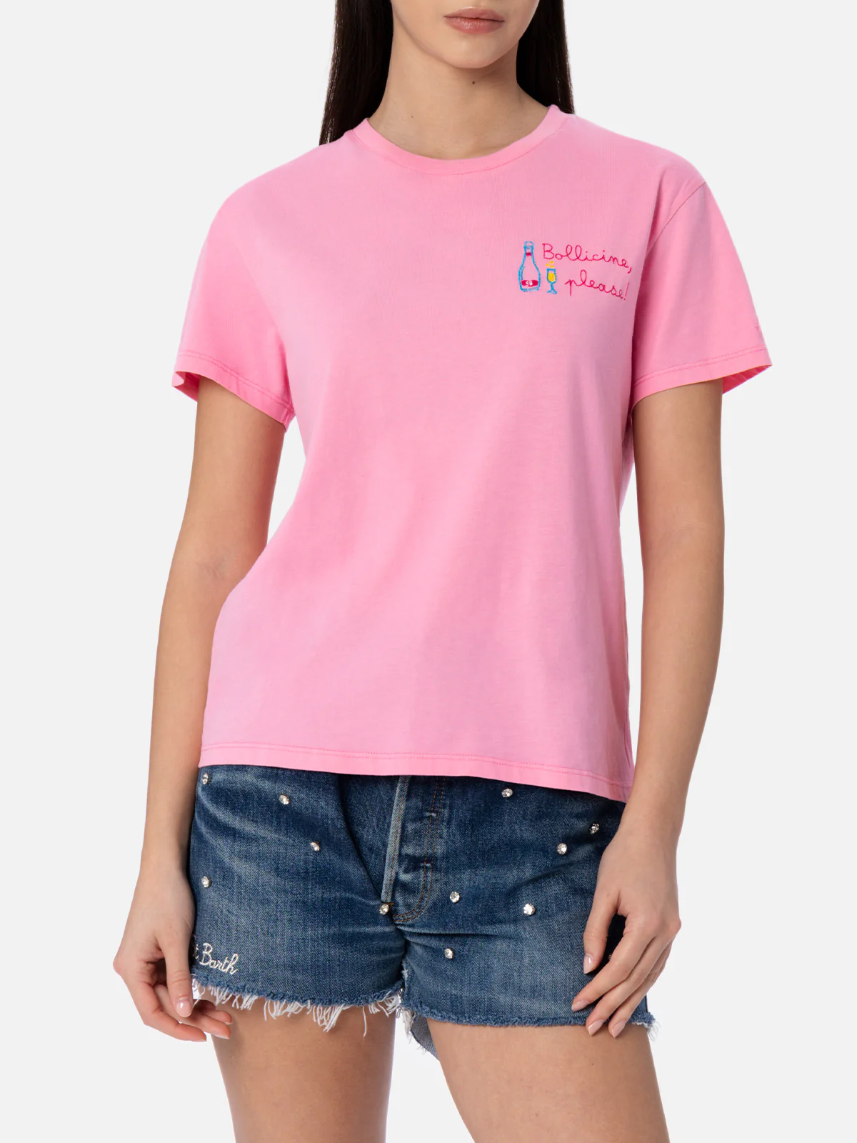 Emilie dames T-shirt met ronde hals, roze katoenen jersey en borduurwerk.