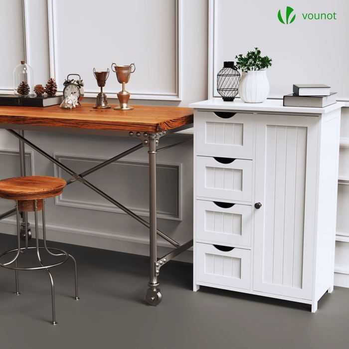 VOUNOT® Meuble bas de salle de bain 55x30x82cm - Armoire de rangement avec 4 tiroirs, 1 porte, 1 étagère réglable - Blanc