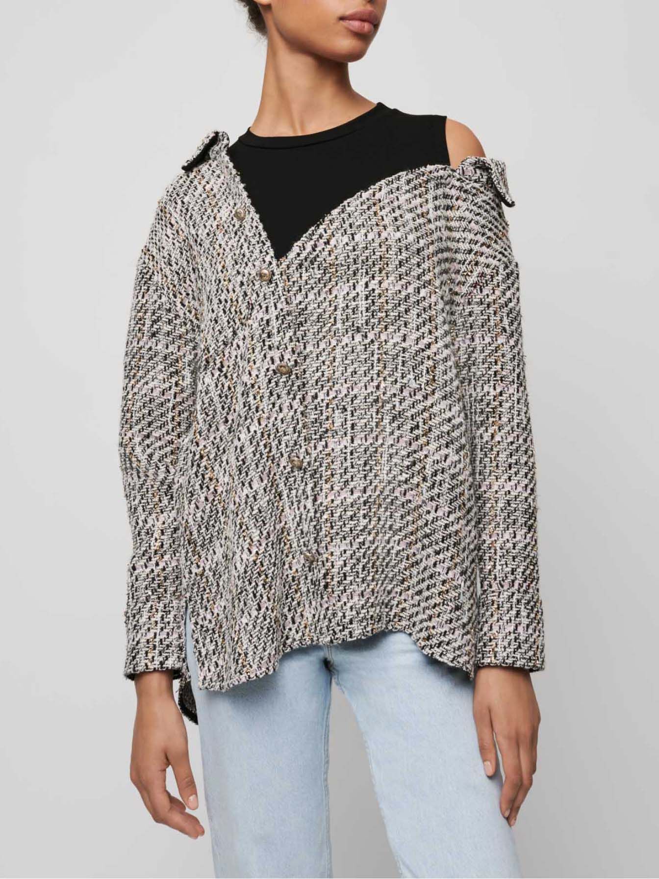 Trompe l'oeil-shirt in tweedstijl - Lichtroze