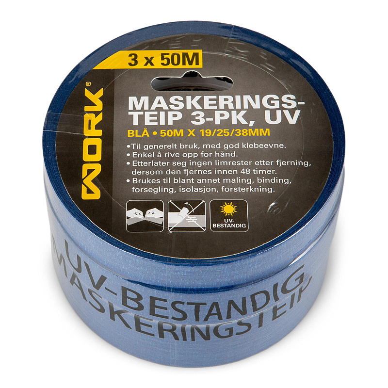 Maskeringstape for arbeid. Pakke med 3 deler. Lengde 50 m, bredde 19/25/38 mm.