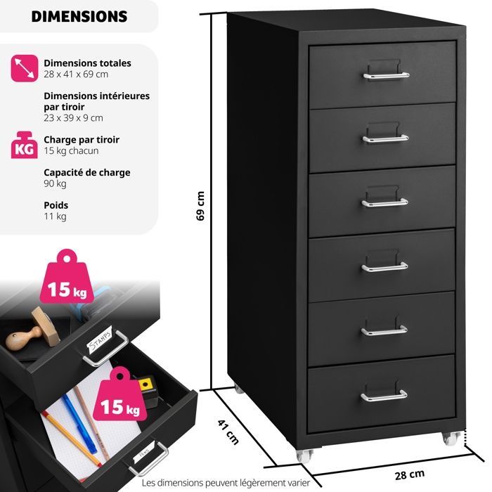 Office pedestal - TECTAKE - Rolling cart with 6 steel drawers and label inserts 41 x 28 x 69 cm - Black