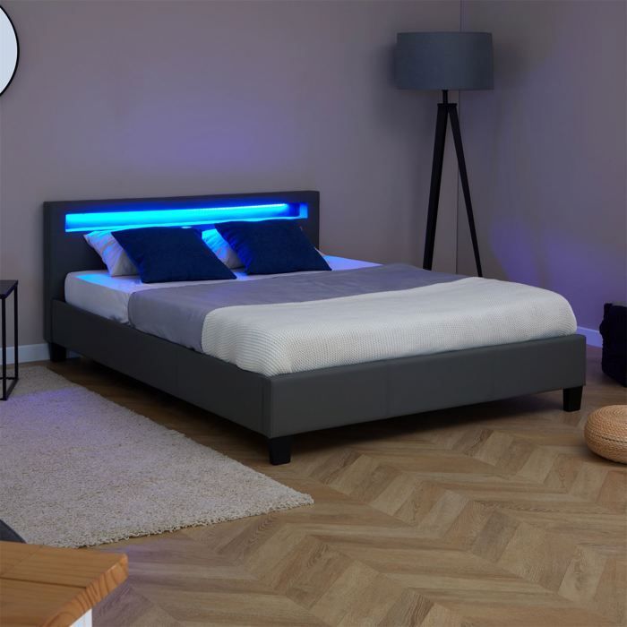 Cama doble LED de 140x190 cm con somier de láminas, cabecero cómodo, cama individual con tapicería sintética gris, PINOT