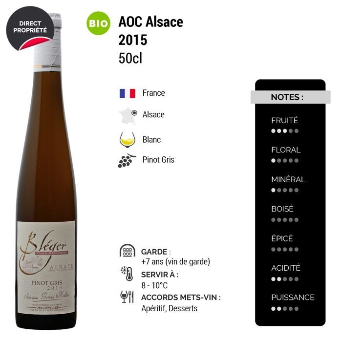 Domaine Claude et Christophe Bléger Alsace Pinot Gris Sélection de Grains Nobles Moelleux 2015 - Vino bianco d'Alsazia (6x50cl) biologico