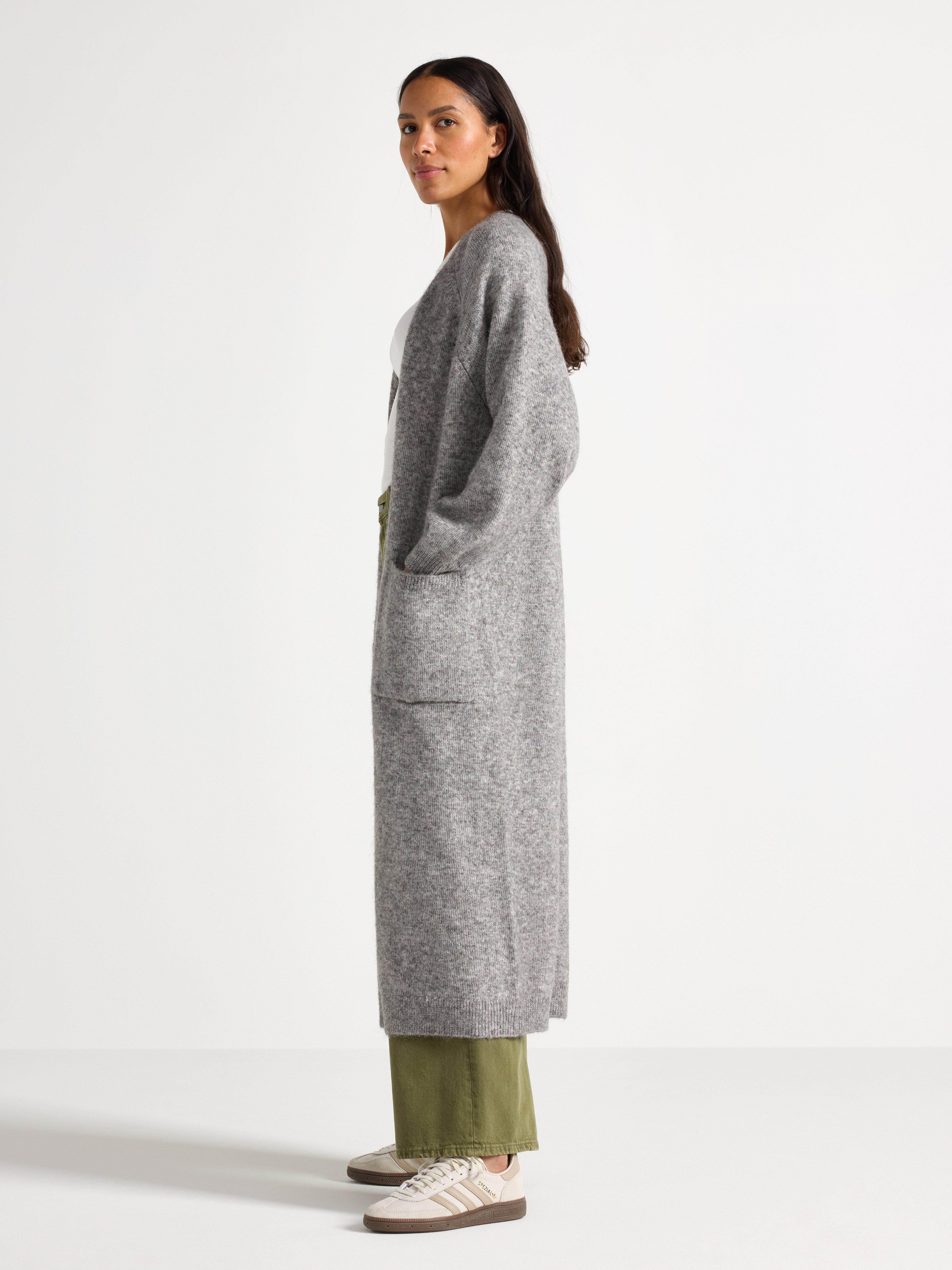 Strikket lang cardigan Gråmelert