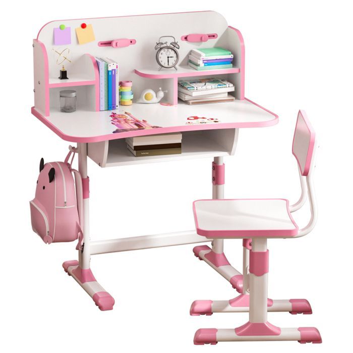 Desk and chair set - Children's desk with chair - Multifunctional - Height adjustable - Cartoon pattern - Pink