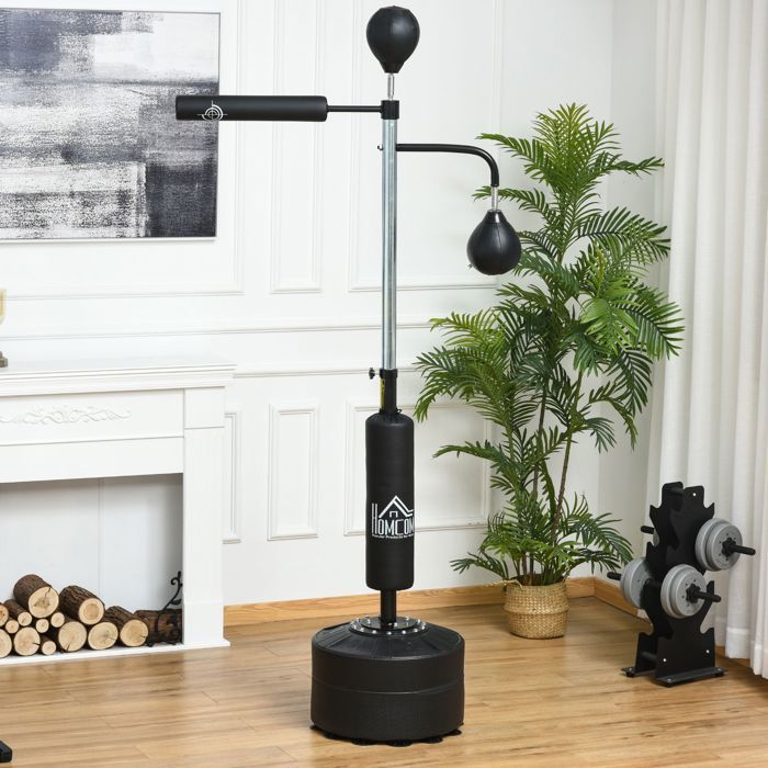 Saco de boxeo independiente - HOMCOM - Bola de boxeo 4 en 1 con barra giratoria de 360°, altura ajustable de 160 a 230 cm - Acero - Negro