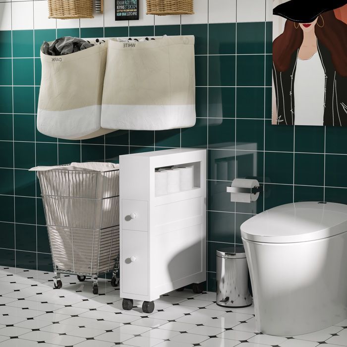 Mueble de baño - HOMCOM - con ruedas - con estante abierto y 2 cajones - 16 x 52 x 71,5 cm - blanco