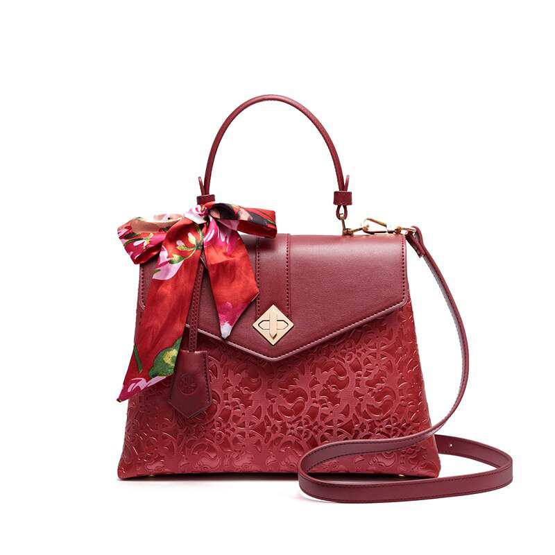 Sac bandoulière femme en cuir PU rouge à motif gaufré, orné d'écharpes - Sac de haute qualité pour femme