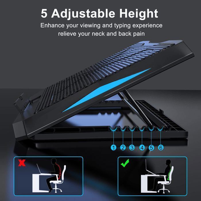 Cooler para laptop com 6 ventoinhas silenciosas, fluxo de ar ajustável e altura ajustável para laptops de 12