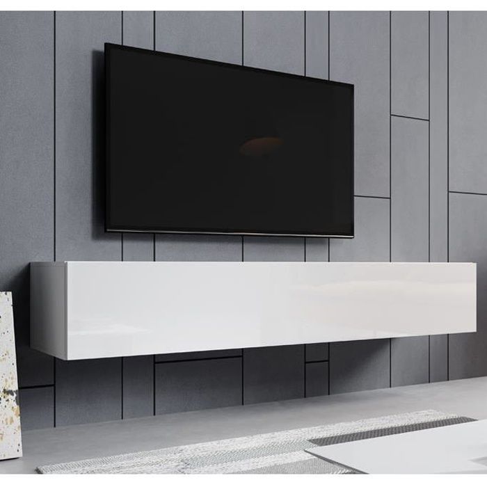 Mueble de TV mural para salón - 1 puerta con 3 compartimentos - Blanco - Ancho 180 x Profundidad 30 x Alto 40 cm - Modelo Aitana M2