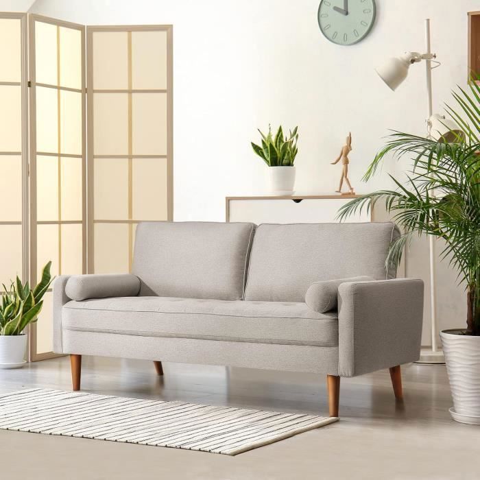 DRIPEX Canapé 3 Places Style Contemporain en Tissu Beige avec 2 coussins ,pieds bois massif ,Fauteuil Moderne 77x173x84cm