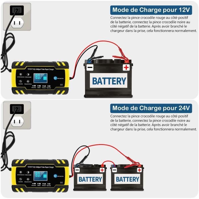 Chargeur de Batterie Intelligent 12V/24V 8A, 3 Étapes de Chargeur Batterie Mainteneur et Automatique Réparation Fonction pour Voitur