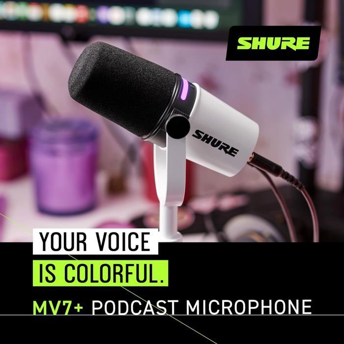 Microphone USB - SHURE - MV7+-W - Dynamique - Double connectivité - Écran tactile LED