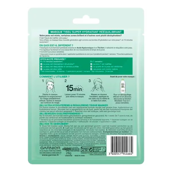 Garnier SkinActive Hydra Bomb zaļās tējas audu maska<br>32g - normālai un kombinētai ādai