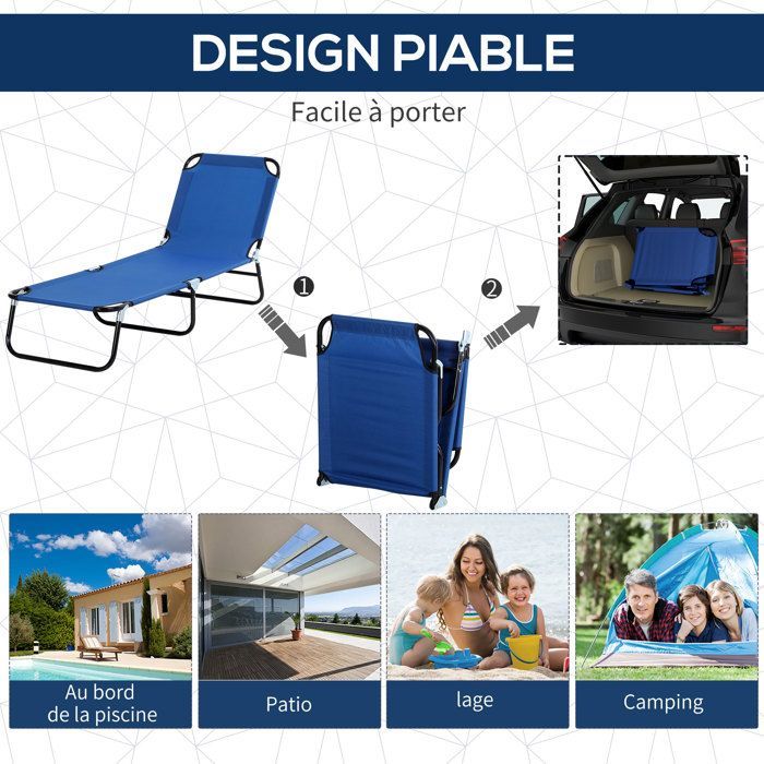Lettino prendisole - Outsunny - pieghevole, schienale reclinabile, parasole regolabile in più posizioni - metallo - 187x58x36cm - blu