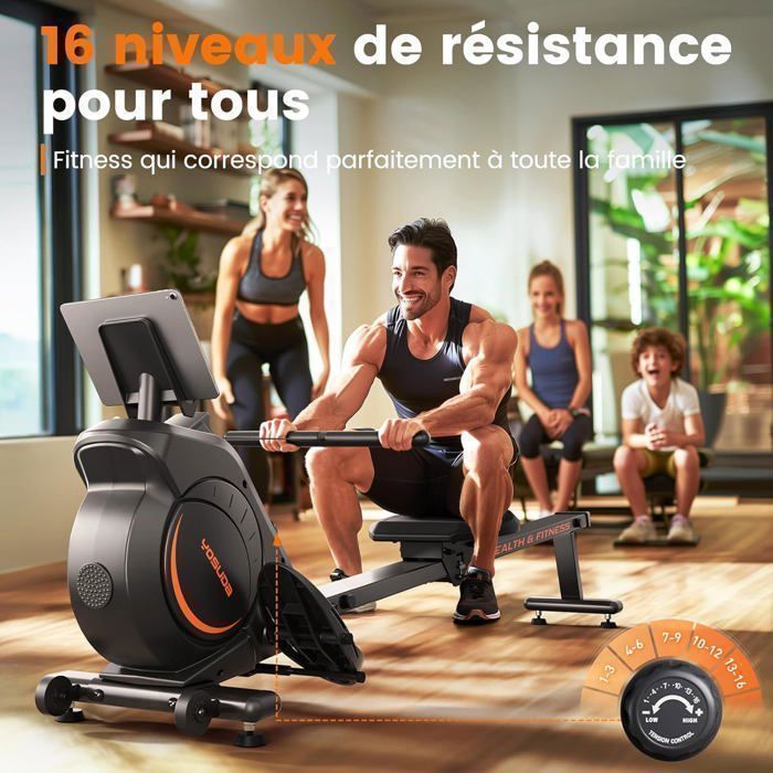 YOSUDA Rameur Magnétique 16 Niveaux - Silencieux avec App & Écran LCD, Capacité 160 kg, Cardio, Rangement Vertical, Montage Facile