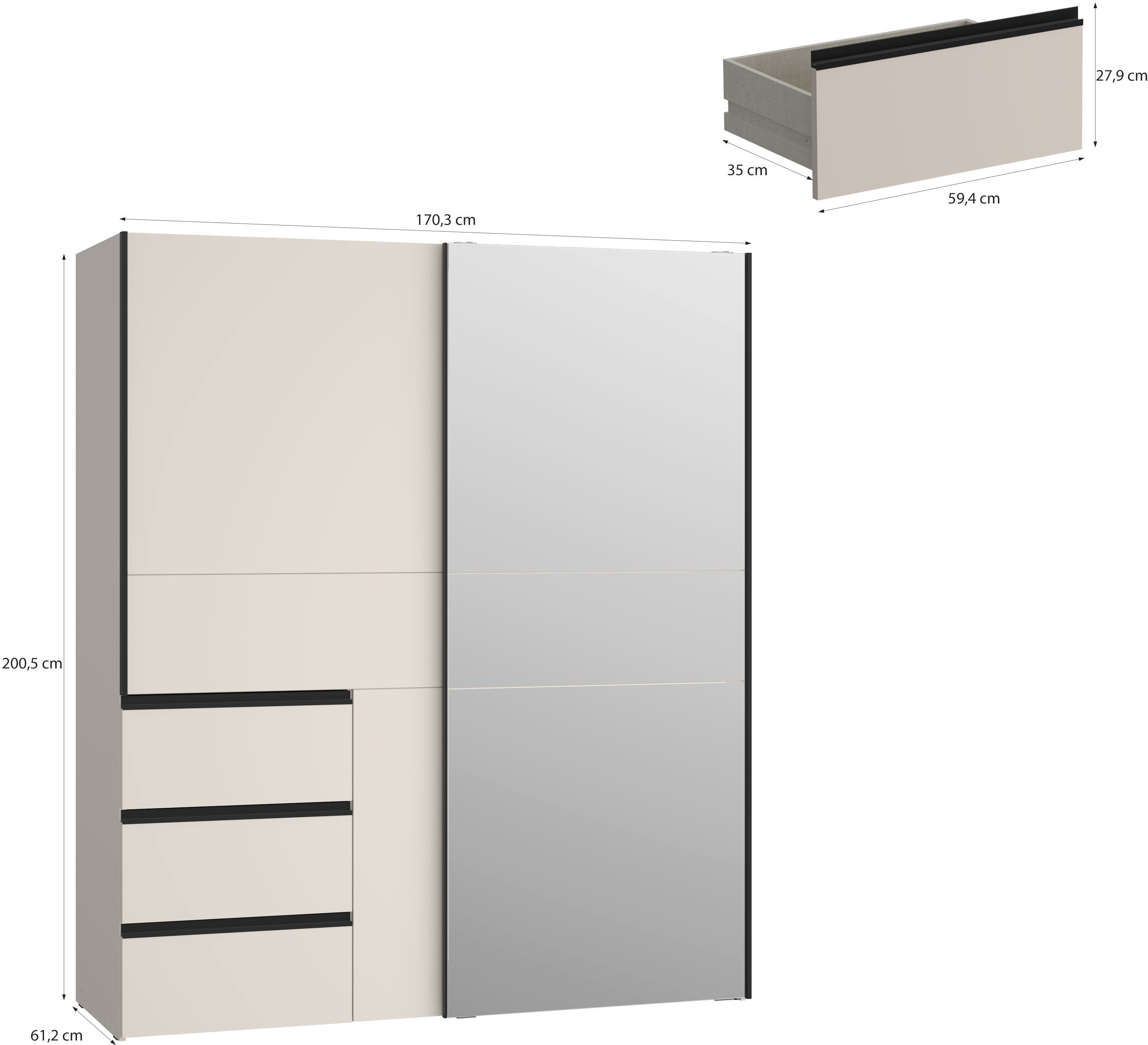 Armoire - 2 portes coulissantes 3 tiroirs - Décor Sable et miroir - L170,3 x P61,2 x H200,5 cm - WINN 2