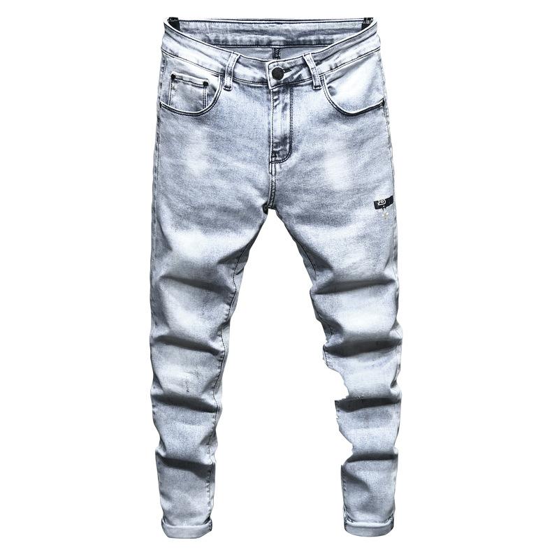 Lente/Herfst Lichtblauwe Slim Fit Skinny Denim Broek voor Heren, Effen Kleur, Mode met Gekraste Potlood Jeans, Kleding, 9601