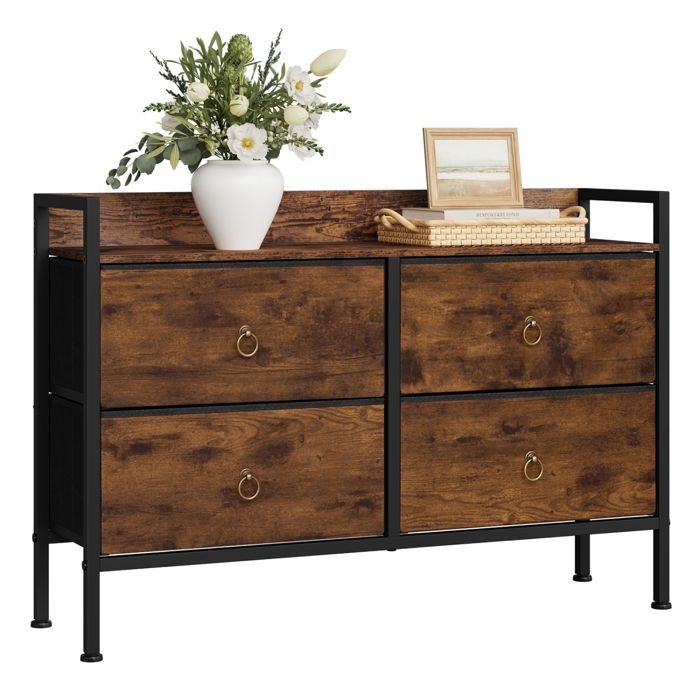 WOLTU Slaapkamer Commode - 4 Stoffen Laden - Stalen Frame - Gebrand Hout Effect + Zwart W0ITT7055