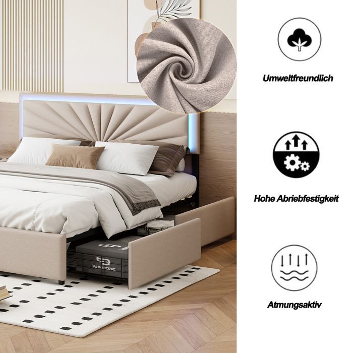 Cama doble de 160 x 200 cm con iluminación LED y 4 cajones, tapizada con cabecero regulable, somier de láminas, tela de lino, color beige.