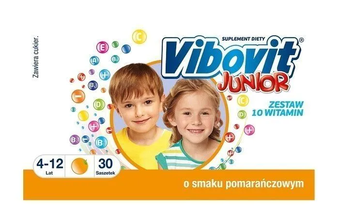 Vibovit Junior, Zestaw witamin dla dzieci od 4. roku życia, Smak pomarańczowy, Saszetki