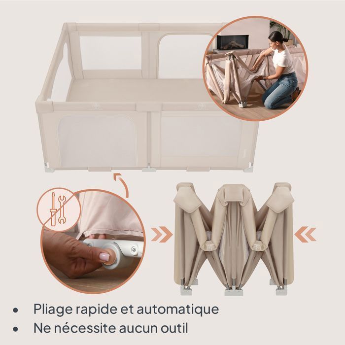 Parque infantil de 180x150 cm - LIONELO Florence - Montaje muy rápido - Espacio extragrande - Para interior/exterior - Bolsa incluida - Beige