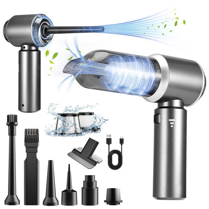 Aspiradora para coche, 18000 Pa 4 en 1 - Aspiradora de mano - 3 velocidades, 80000 RPM, inalámbrica, batería de 6000 mAh, filtro HEPA lavable, gris