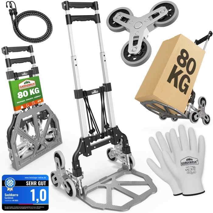 GARDEBRUK® Diable aluminium pliable escalier 80kg 6 roues pleines increvables gants 2 tendeurs chariot de transport déménagement