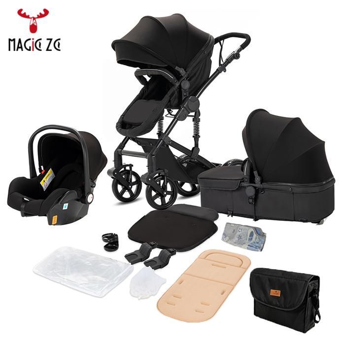Cochecito Magic ZC 3 en 1, sistema de viaje 3 en 1, plegado con un solo clic, con funda para la lluvia, para niños de 0 a 3 años, bolso de mano, color negro.