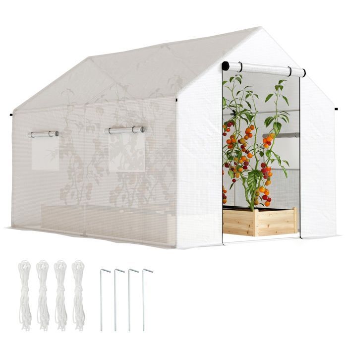 Serre de jardin tunnel Outsunny 2 x 3m, 6m² avec porte enroulable, 4 fenêtres, - Acier galvanisé PE Haute densité Blanc