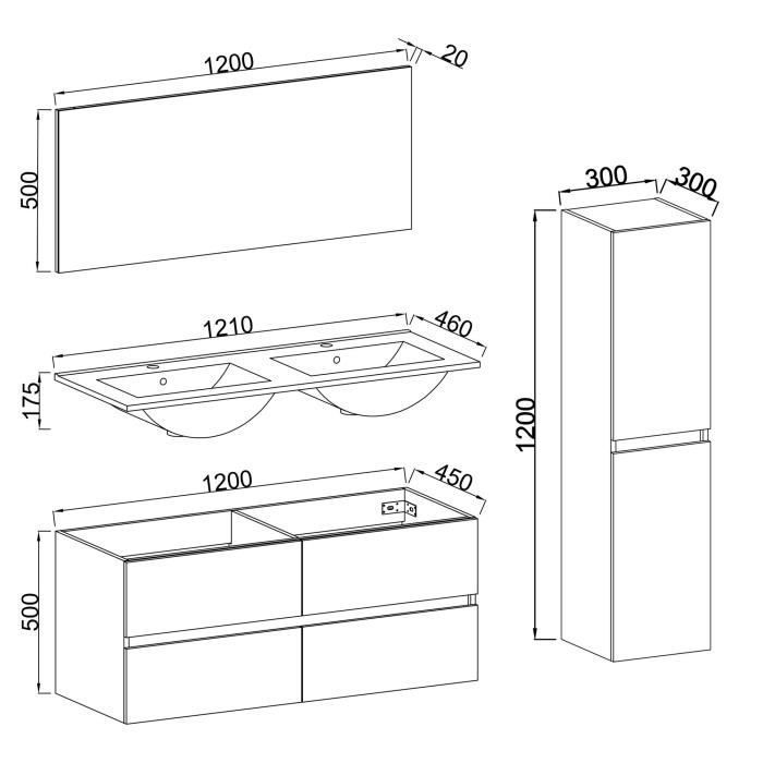 White bathroom furniture set - Double sink (120cm) - Mirror - Tall cabinet - TOTEM