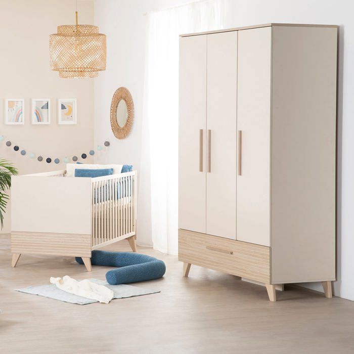 Conjunto de tres muebles para habitación infantil: cuna convertible de 70 x 140 cm + cambiador + armario - SIDNEY - ROBA - Roble / Beige