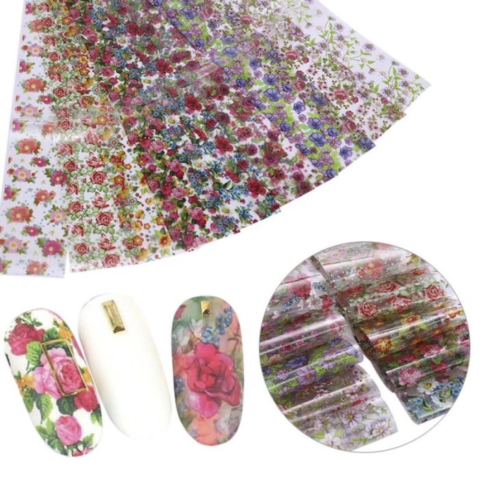 10 feuilles de transfert métallisées pour nail art, motif rose, 4 x 20 cm, pour manucure professionnelle. Accessoires de manucure floraux colorés.